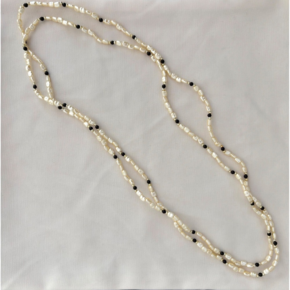 VTG Fresh Water Pearls  30” Opera Necklace Luxury 10kt Gold & Black Onyx Beads